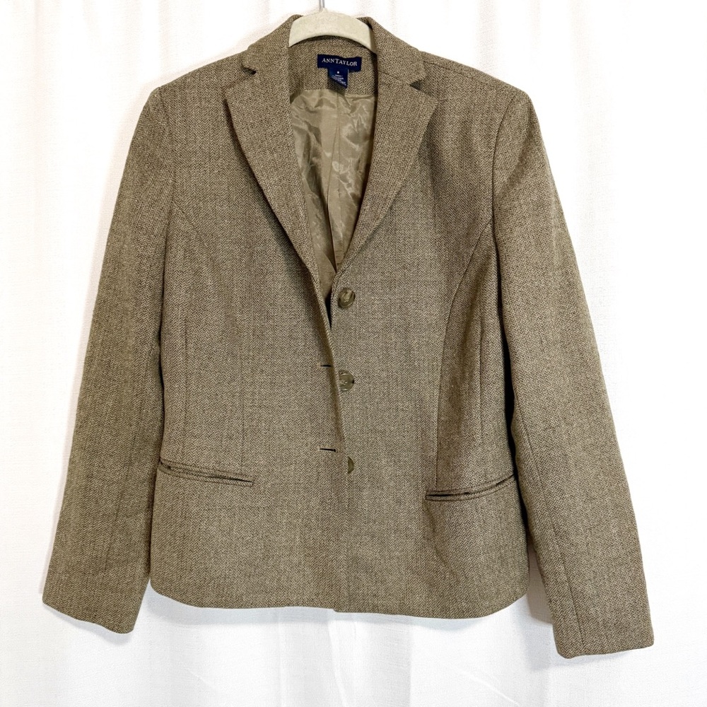 Vintage 90s Ann Taylor Brown Single Breasted Wool Tweed Blazer Size 8